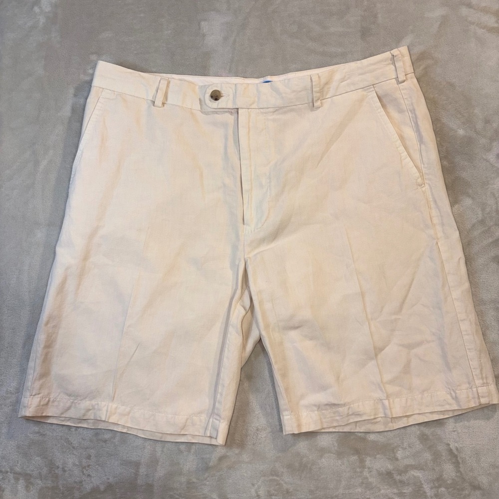 Peter Millar Seaside Men 36 Cream Linen Cotton Silk Chino Shorts Herringbone